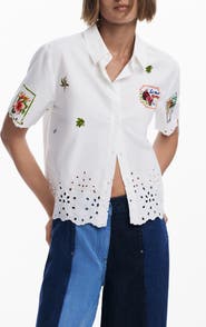 Desigual Embroidered Eyelet Short Sleeve Cotton Button-Up Shirt