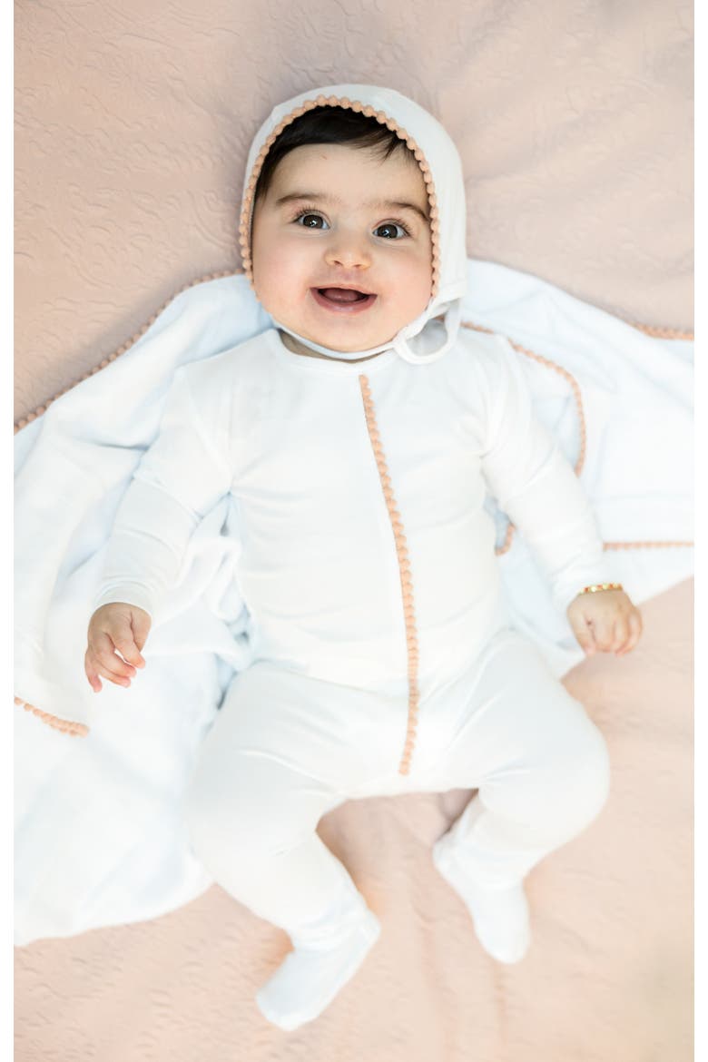 Cotton Pom Pom Trim Swaddle, Alternate, color, White/Blue