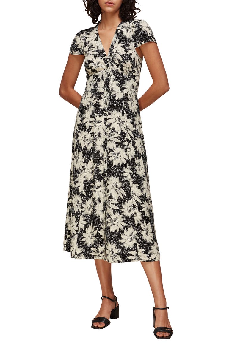 Starburst Floral Midi Dress, Main, color, BLACK/ MULTI