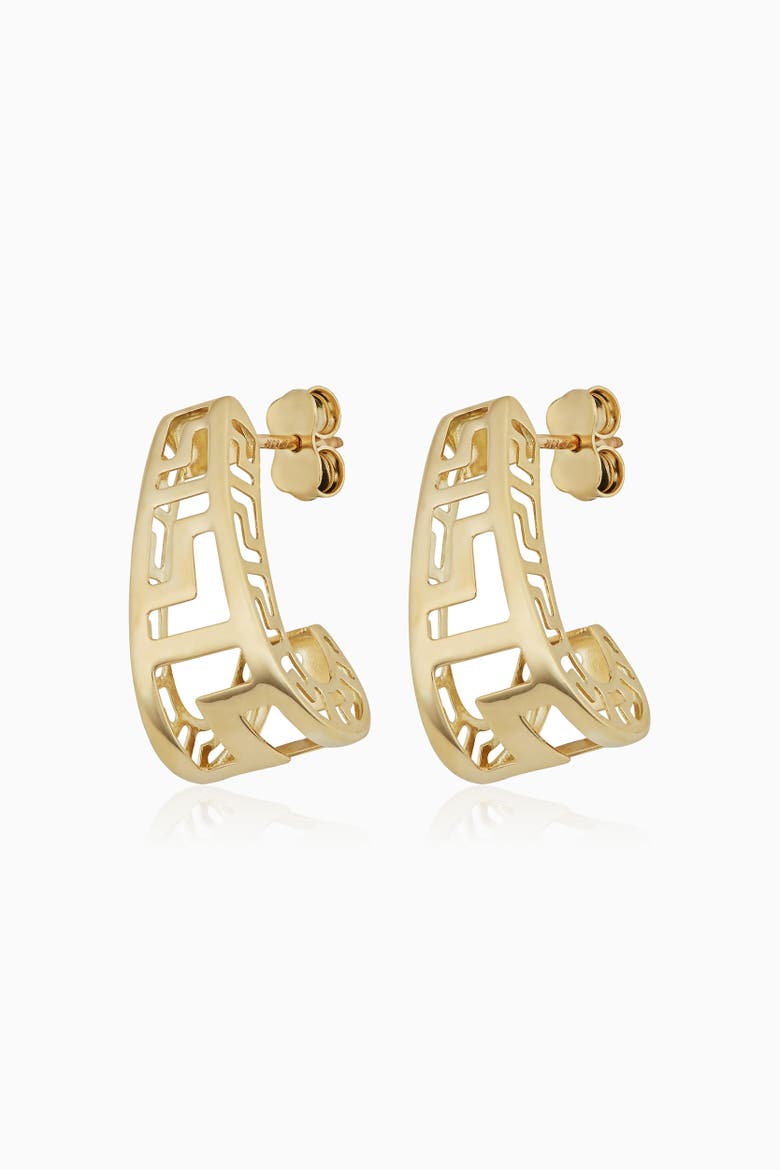 14K Yellow Gold Greek Key Huggies, Alternate, color, Yellow Gold