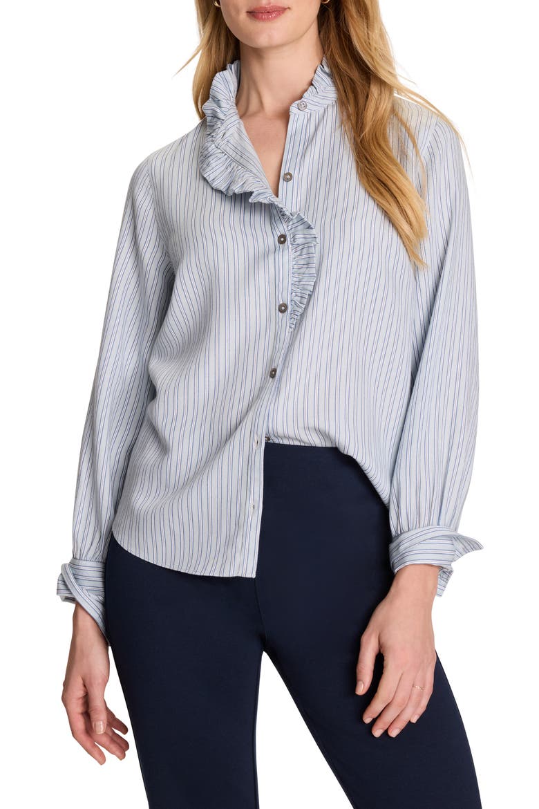 Ruffle Neck Stripe Shirt, Main, color, BLUE MULTI