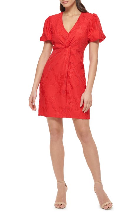 Puff Sleeve Texture Knot Front Sheath Dress