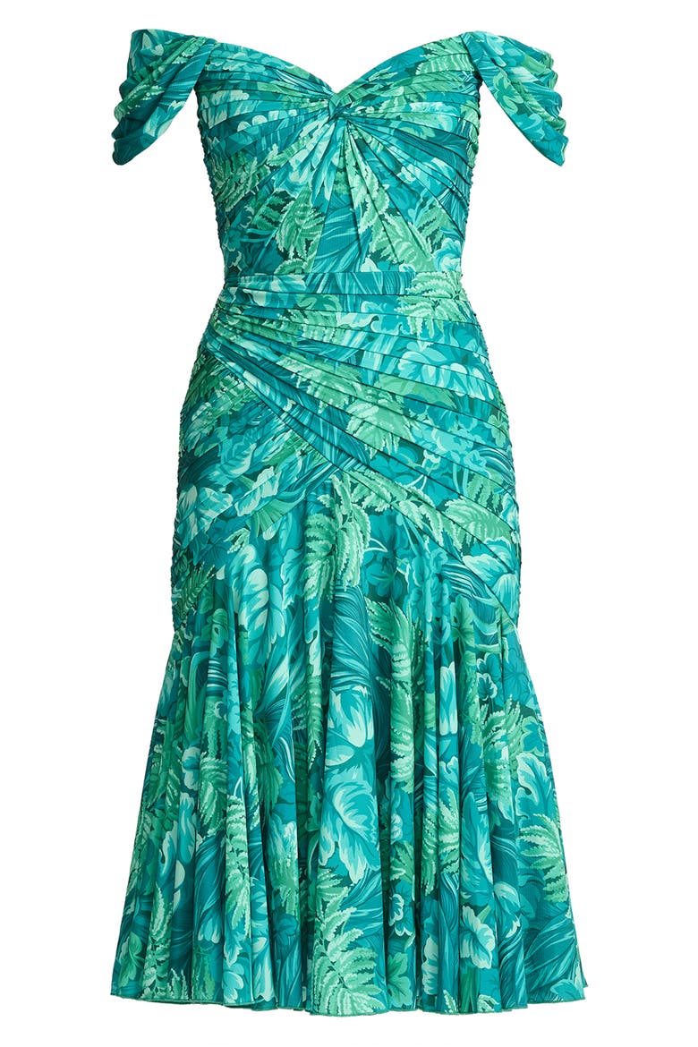 Floral Off the Shoulder Cocktail Midi Dress, Alternate, color, EMERALD GREEN/ MULTI