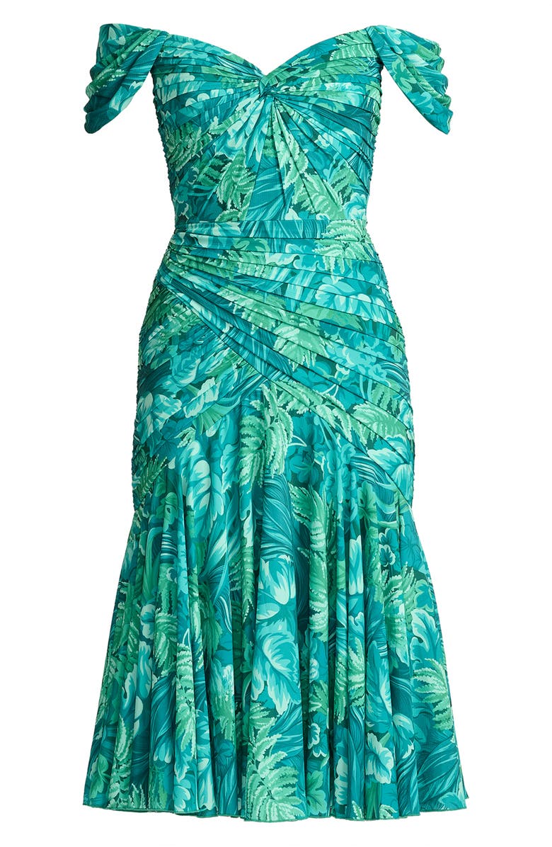Tadashi Shoji Floral Off the Shoulder Cocktail Midi Dress, Alternate, color, Emerald Green/ Multi