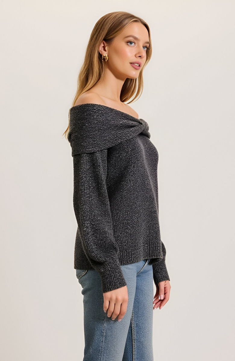 Modenaire Off-Shoulder Sweater with Twisted Neckline and Balloon Sleeves, Alternate, color, Black