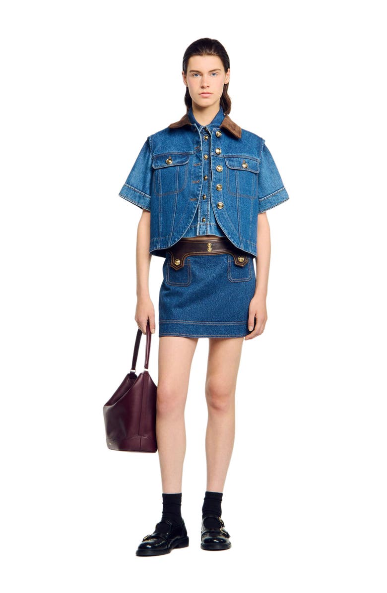 SANDRO Short denim and leather skirt, Alternate, color, Dark Blue