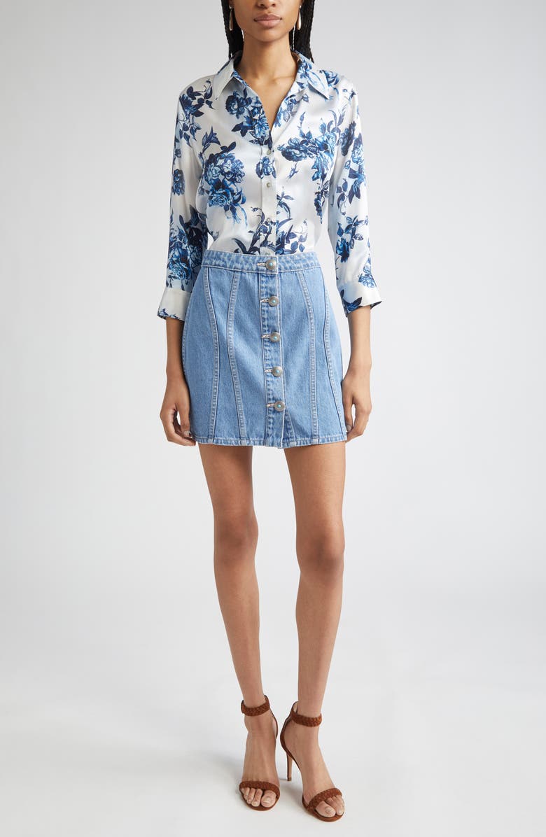 L'AGENCE Dani Floral Silk Button-Up Shirt, Alternate, color, White/ Blue Painterly Floral