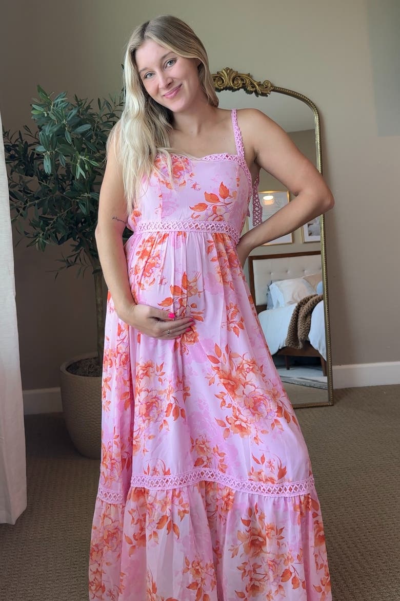 Floral Shoulder Tie Tiered Maxi Dress, Alternate, color, Pink