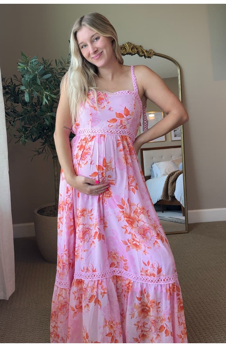 PinkBlush Floral Shoulder Tie Tiered Maxi Dress, Alternate, color, Pink