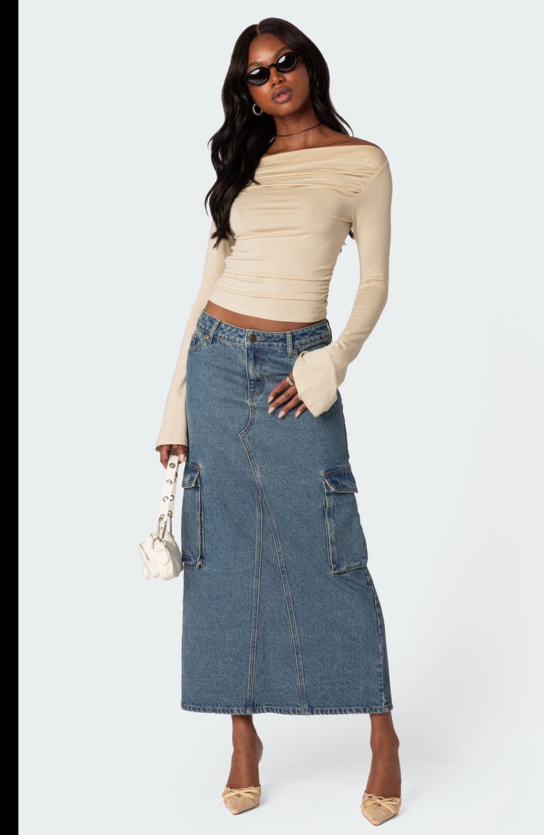 EDIKTED Dana Gathered Bateau Neck Long Sleeve Crop Top, Alternate, color, Cream