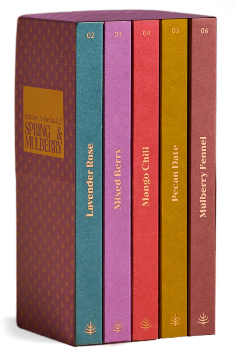 Spring & Mulberry Embellished Collection Date Sweetened Dark Chocolate Bars 5-Piece Gift Box, Main, color, Purple