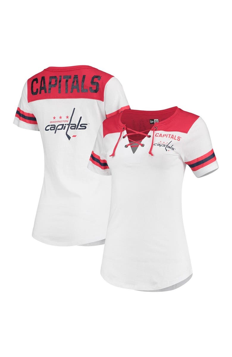 5TH AND OCEAN BY NEW ERA Women's 5th & Ocean by New Era White Washington Capitals Stripes Lace-Up T-Shirt, Alternate, color,