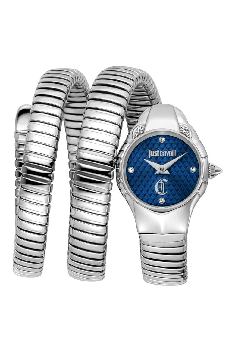 Snake Amanta Wraparound Silvertone Bracelet Watch, 22.5mm x 32.5mm, Main, color, BLUE/ SILVER