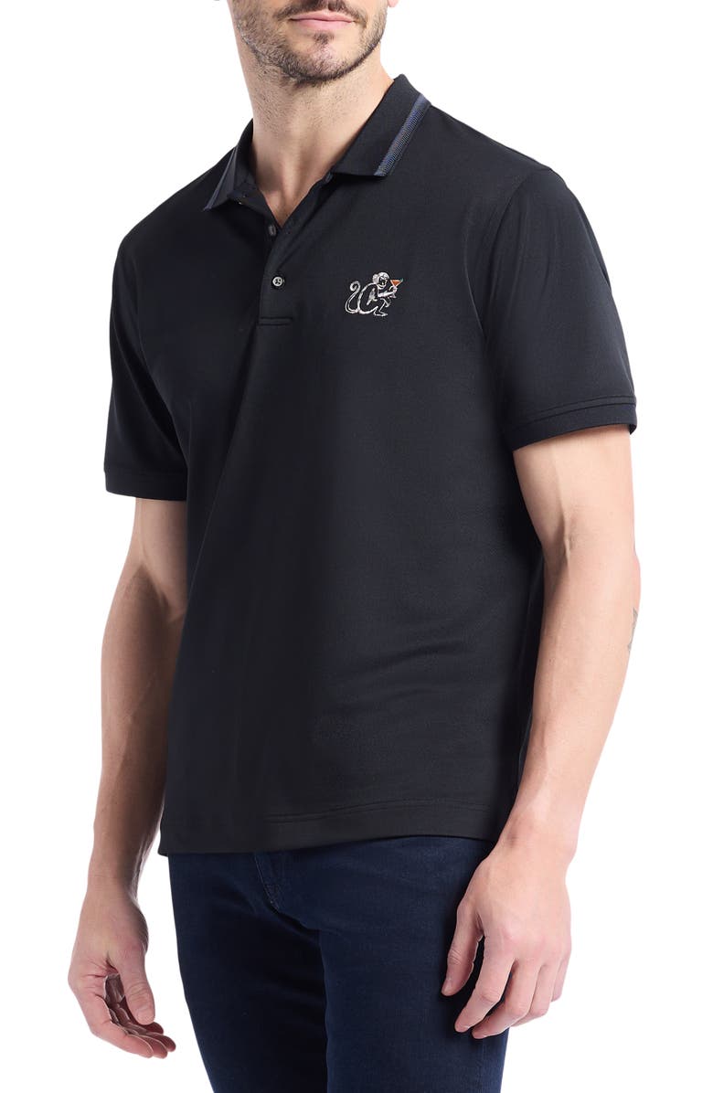 Robert Graham Monkey Business Embroidered Cotton Piqué Polo, Alternate, color, Black