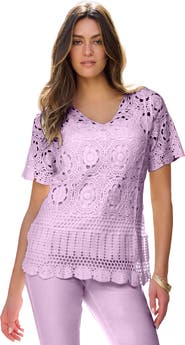 Roaman's Plus Size Medallion Pattern French Crochet Sweater Top