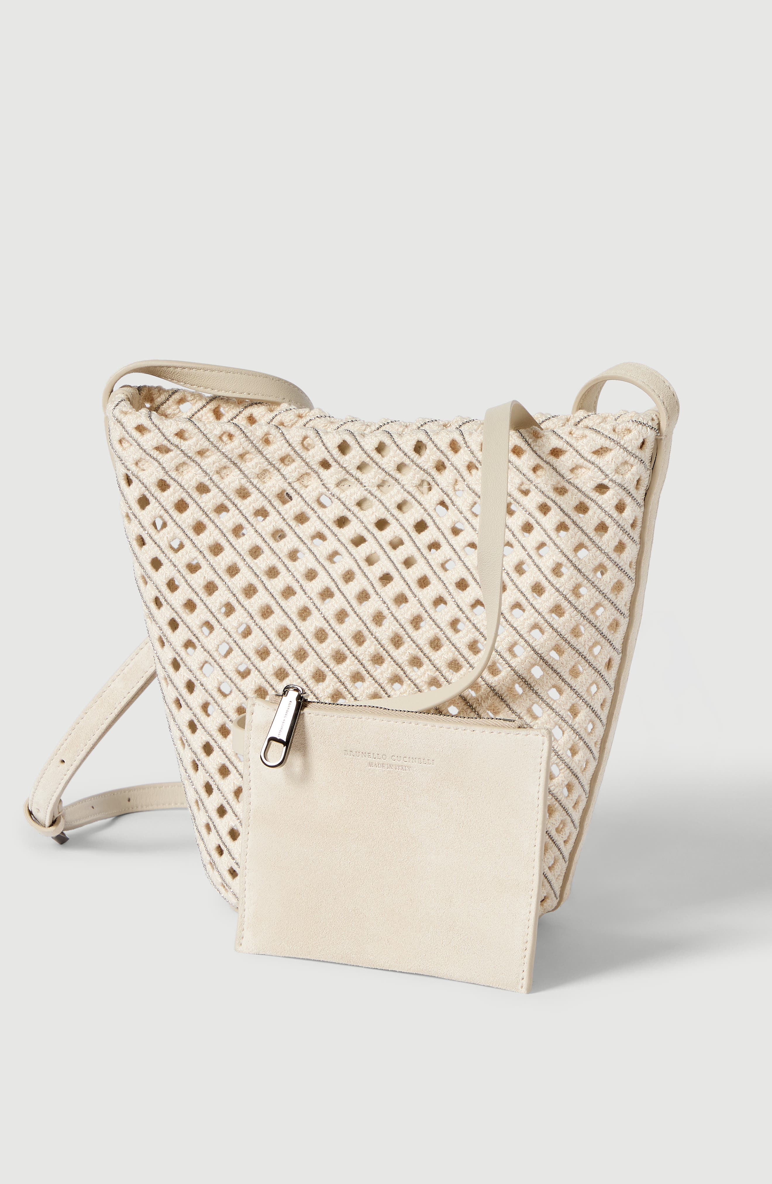 Brunello Cucinelli Net sartorial small bucket bag, Alternate, color, Ivory
