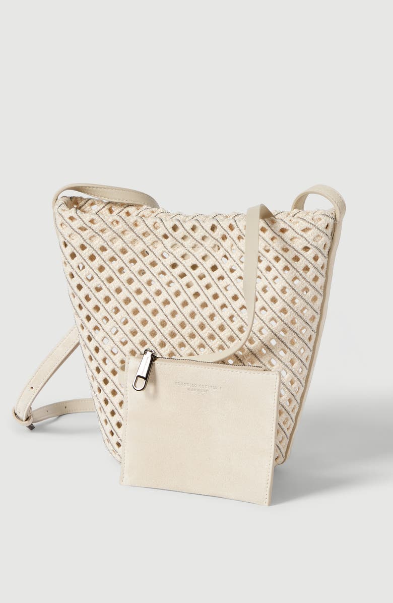 Brunello Cucinelli Net sartorial small bucket bag, Alternate, color, Ivory