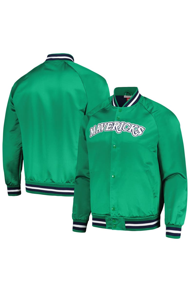 Mitchell & Ness Men's Mitchell & Ness Green Dallas Mavericks Hardwood Classics  Throwback Wordmark Raglan Full-Snap Jacket, Main, color, 