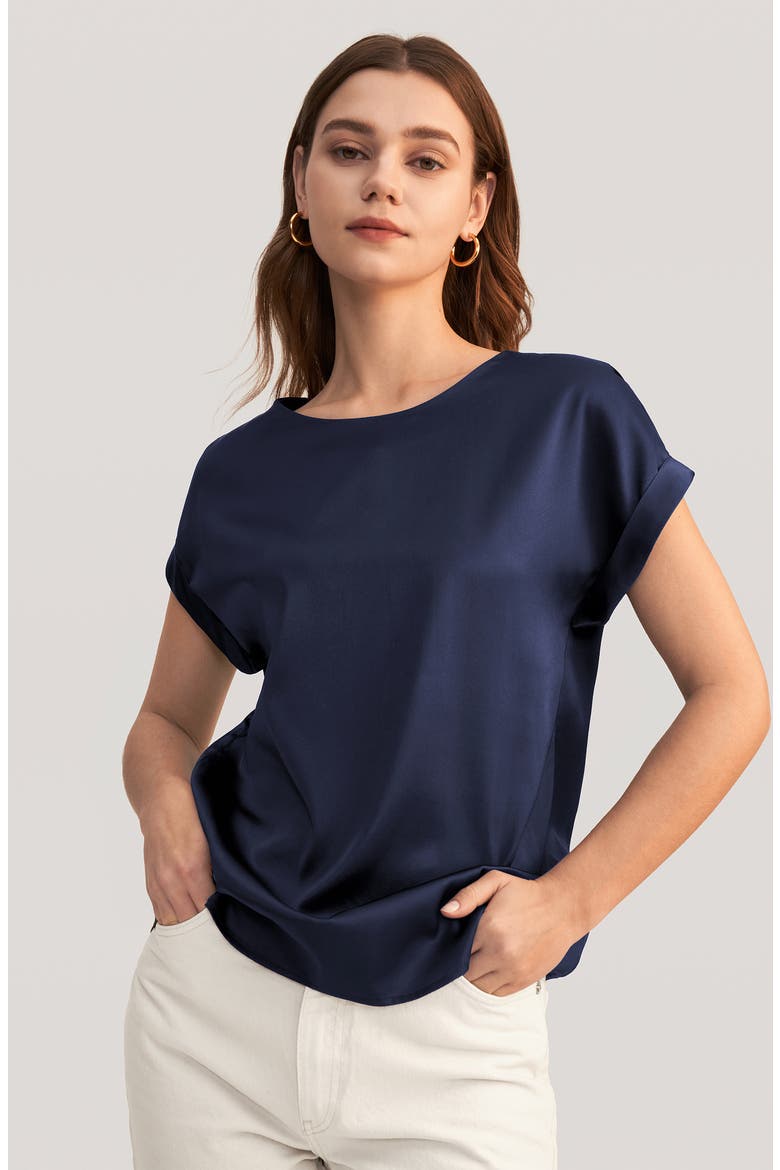 Women's Short Sleeves Round Neck Silk Tee, Alternate, color, Navy blue