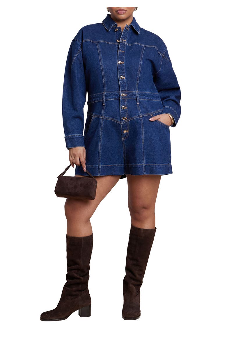 Denim Romper, Main, color, DARK WASH