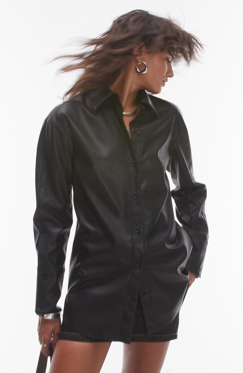 Topshop Oversize Drop Shoulder Faux Leather Shirt, Main, color, 