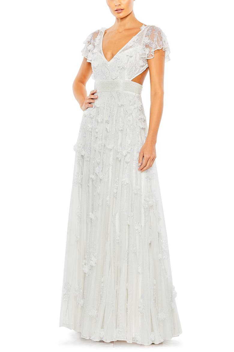 3D Floral Sequin A-Line Gown, Main, color, WHITE