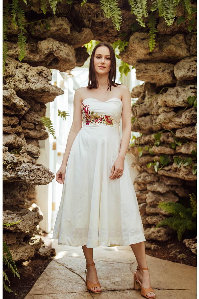 Mona Embroidered Strapless Midi Dress, Alternate, color, Off-White