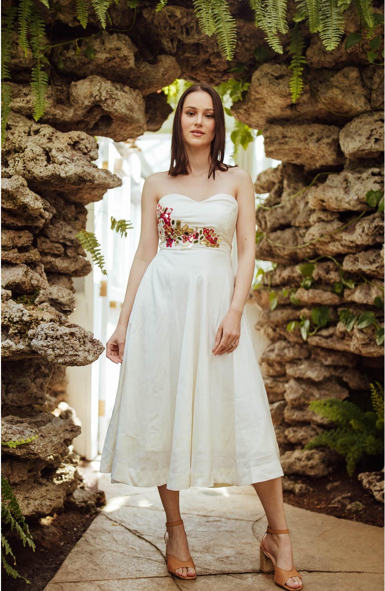 RAAS Mona Embroidered Strapless Midi Dress, Alternate, color, Off-White