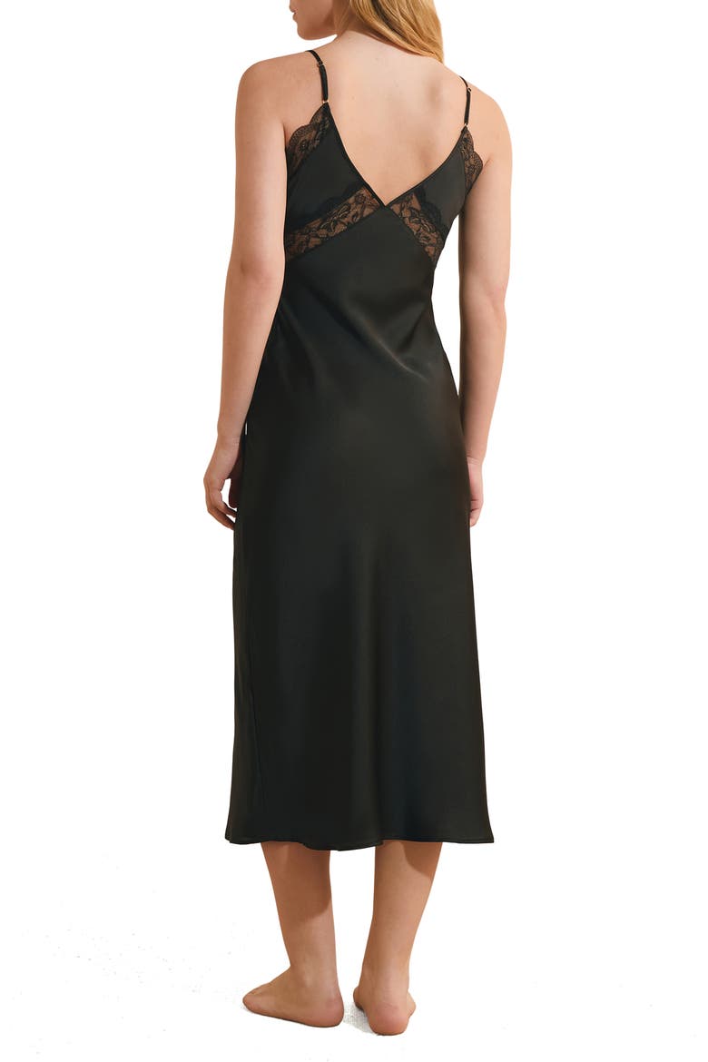 Desire Lace Accent Satin Long Nightgown, Alternate, color, BLACK