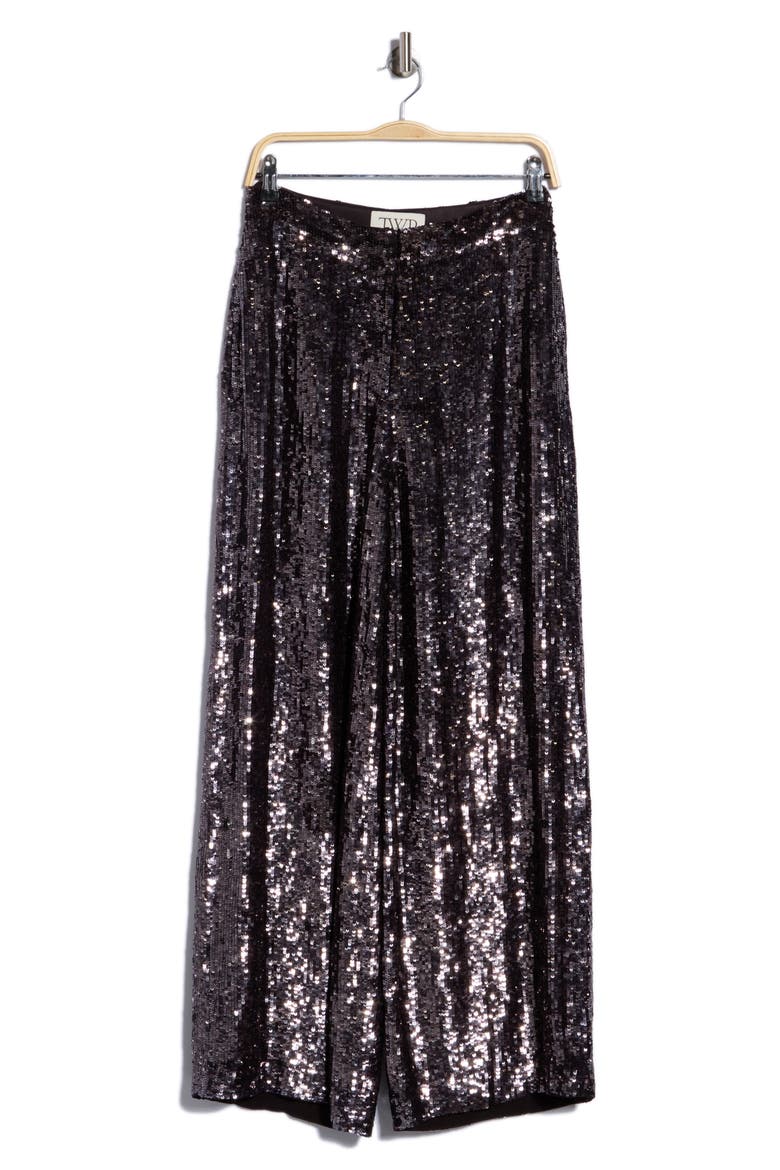 Adieu for Now High Waist Wide Leg Sequin Silk Pants, Main, color, DARK CHOCOLATE