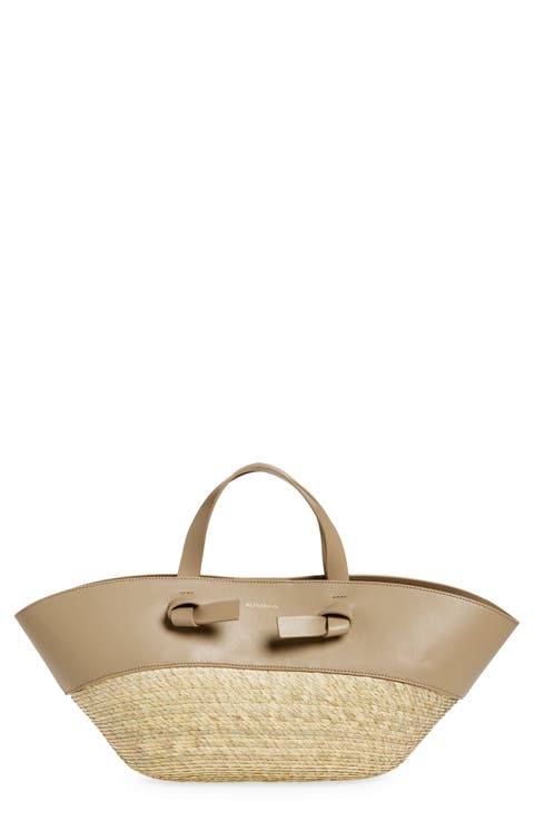 Small Knot Straw & Leather Tote