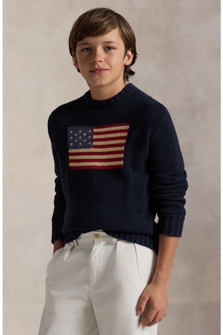 Kids' American Flag Cotton Crewneck Sweater, Alternate, color, HUNTER NAVY