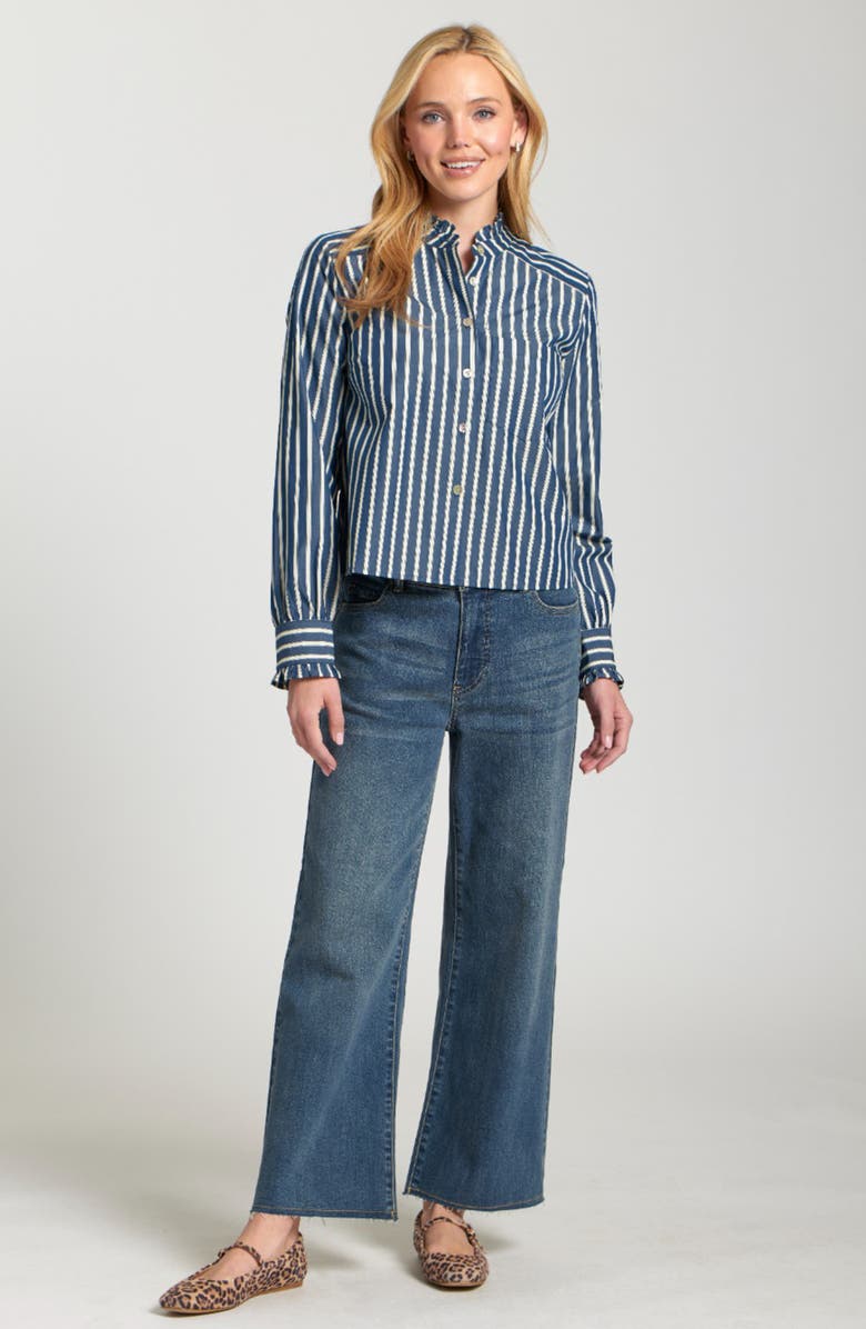 APNY Stripe Ruffle Trim Cotton Button-Up Shirt, Alternate, color, Navy/ Off White