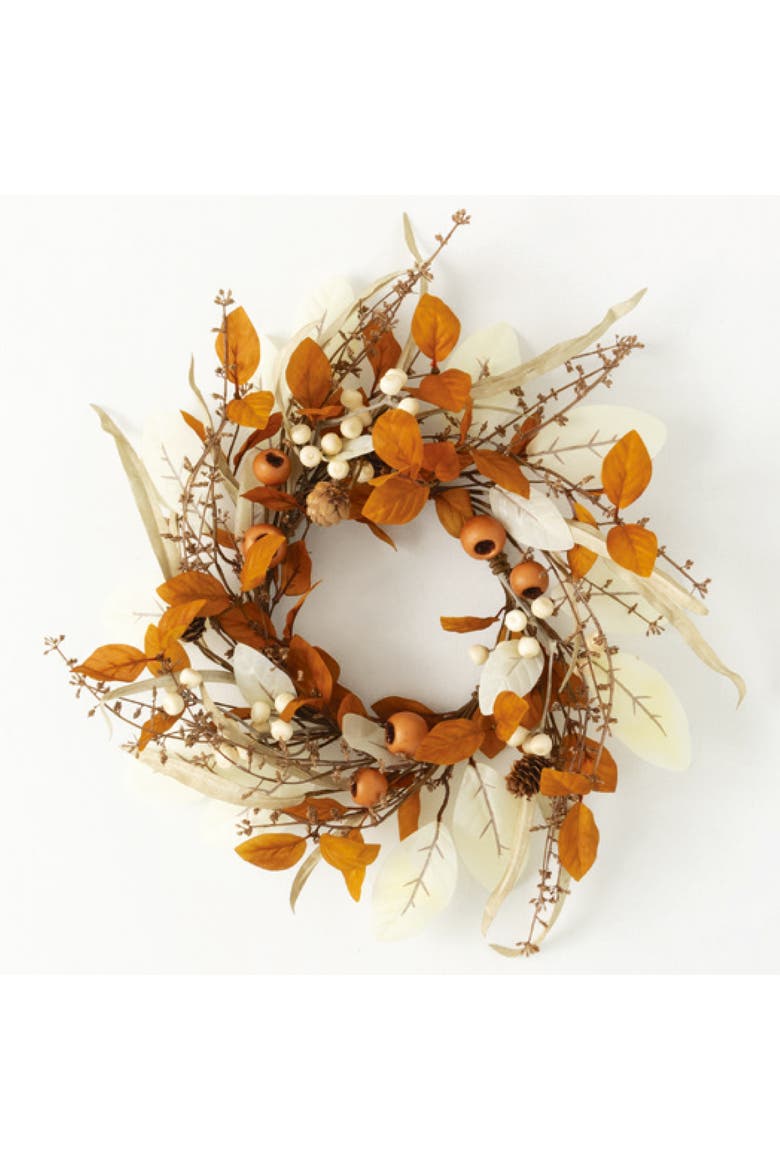 Sullivan's Christmas Mixed Foliage Candle Ring, Orange Faux Floral Decor for Crafting, Weddings, Home and Holiday Decoration, 16.5 Inch, Main, color, Orange