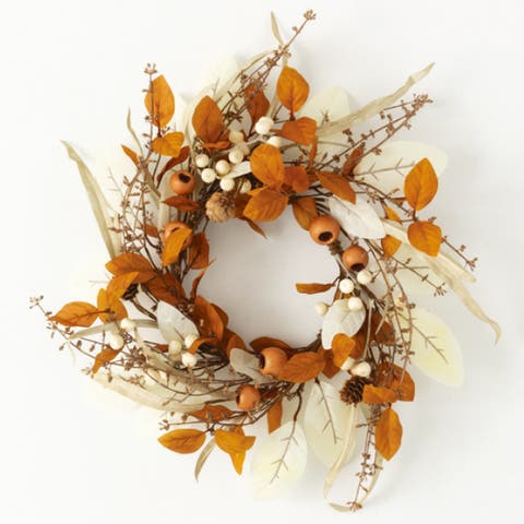 Sullivan's Christmas Mixed Foliage Candle Ring, Orange Faux Floral Decor for Crafting, Weddings, Home and Holiday Decoration, 16.5 Inch