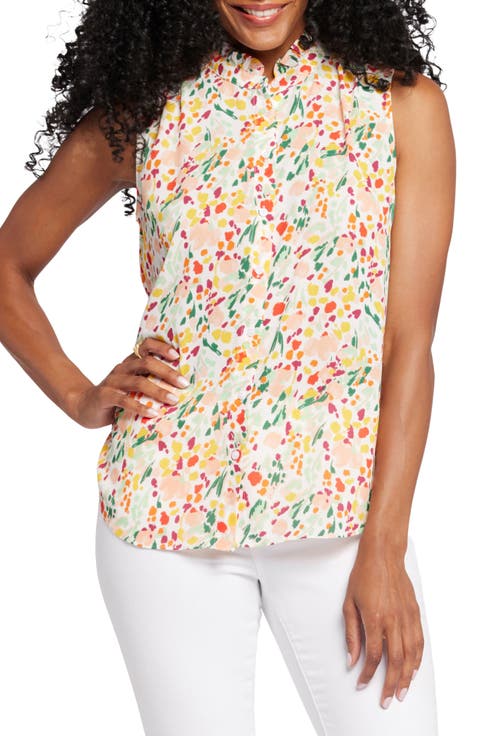 Print Ruffle Neck Sleeveless Top