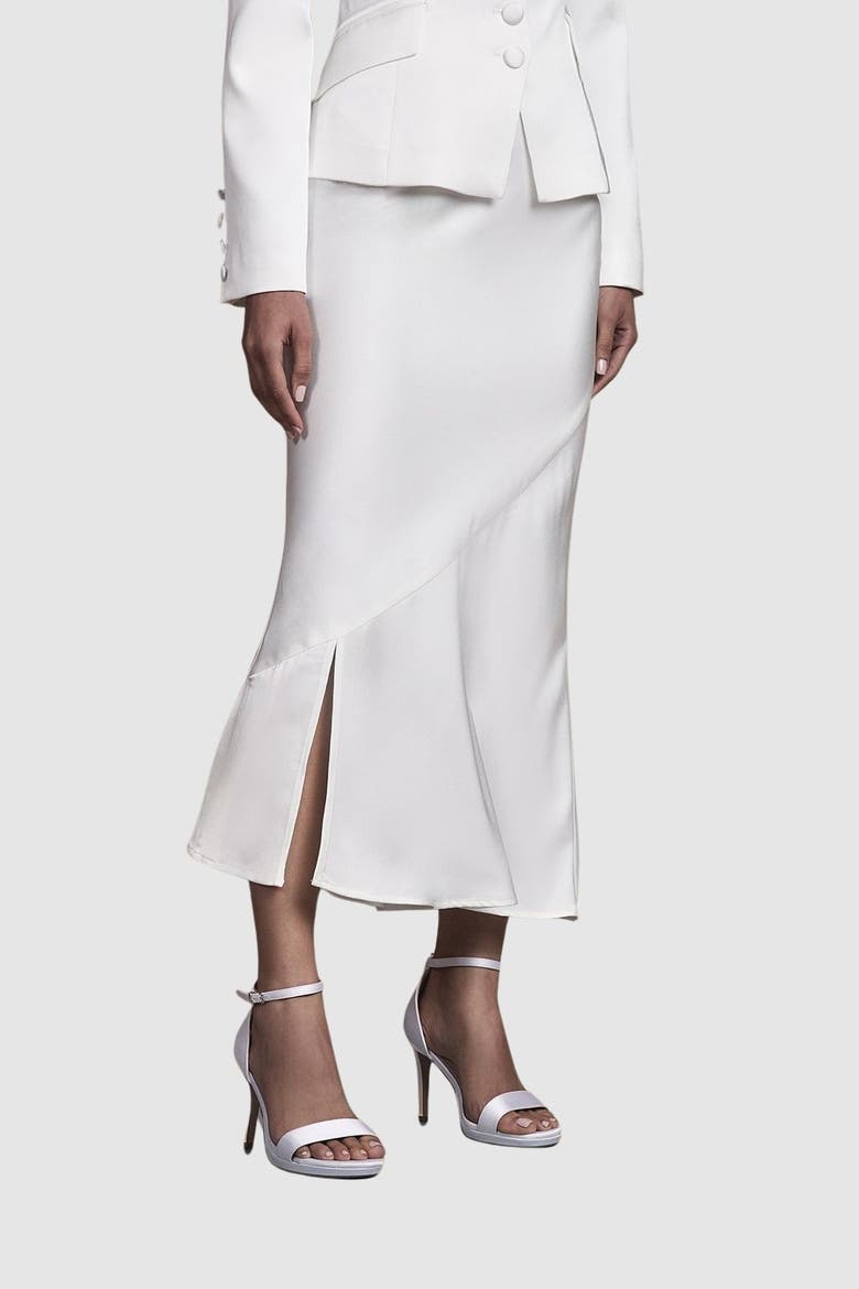 Satin Side-Split Fitted Midi Skirt, Main, color, Ivory