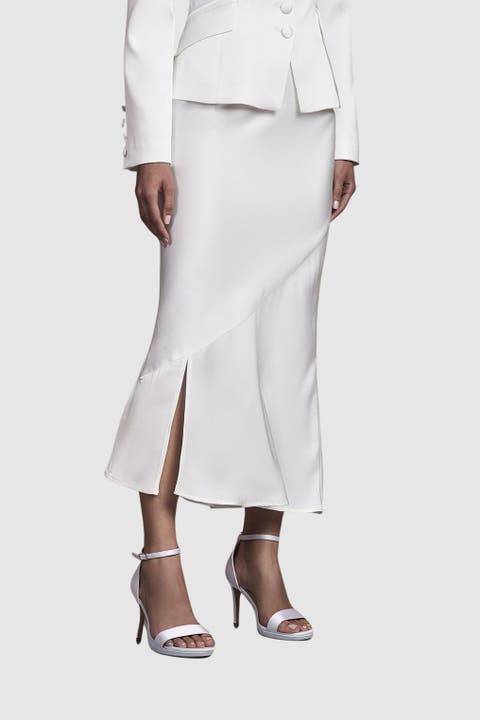 Satin Side-Split Fitted Midi Skirt