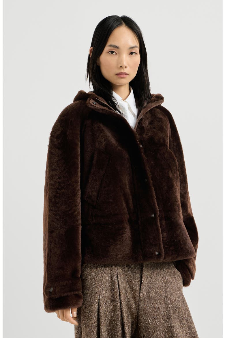Shearling outerwear jacket with shiny zipper pull, Main, color, Brown Gianduia