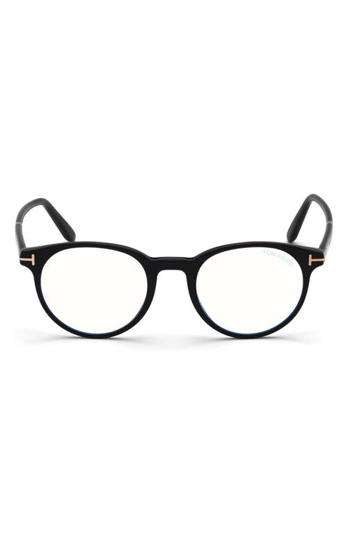 Tom Ford 49mm Round Blue Light Blocking Glasses In Shiny Black/blue Block