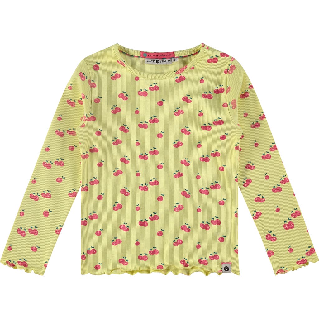 Stains And Stories By Babyface Allover Cherry Print Ribbed Long Sleeve Top In Yellow