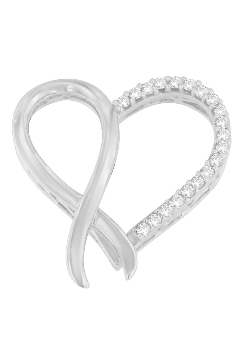 Silver 1/4 cttw Round Cut Diamond Ribbon and Heart Accent Pendant Necklace, Main, color, White