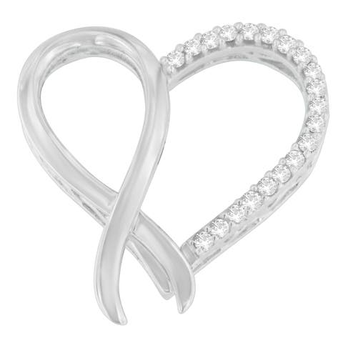 Silver 1/4 cttw Round Cut Diamond Ribbon and Heart Accent Pendant Necklace