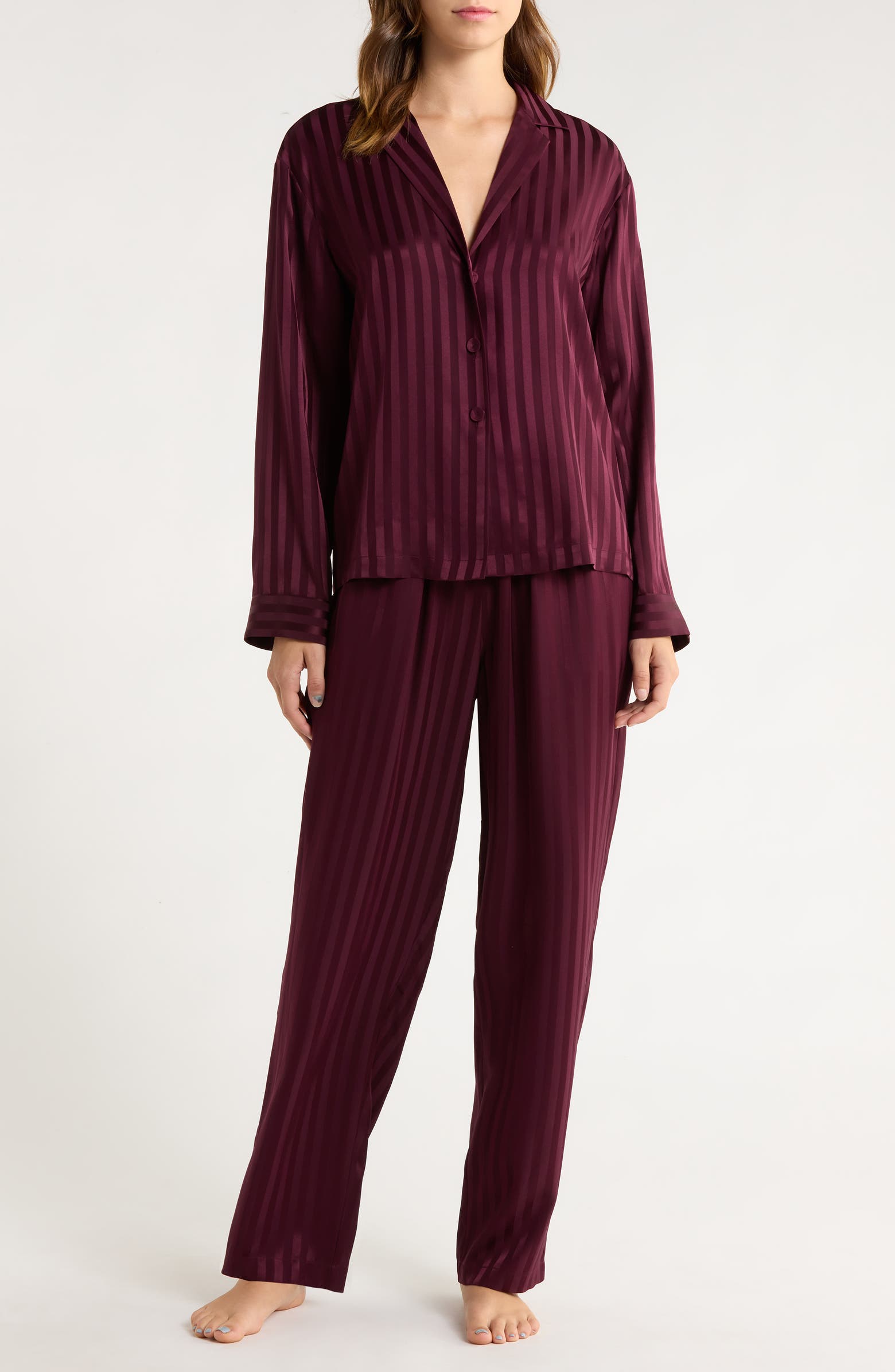 Stripe Washable Silk Button-Up Pajamas