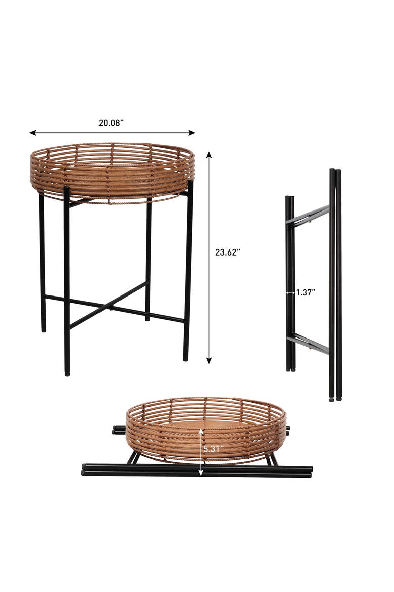 Malia Bohemian Round Faux Tray Top End Table, Woven Accent Side Table with Metal Cross Base for Living Room Bedroom, Alternate, color, Brown