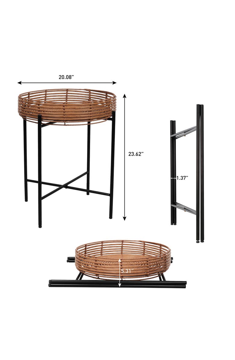 JONATHAN Y Malia 20" Coastal Bohemian Faux Rattan Round Tray End Table with Metal Base, Alternate, color, Brown
