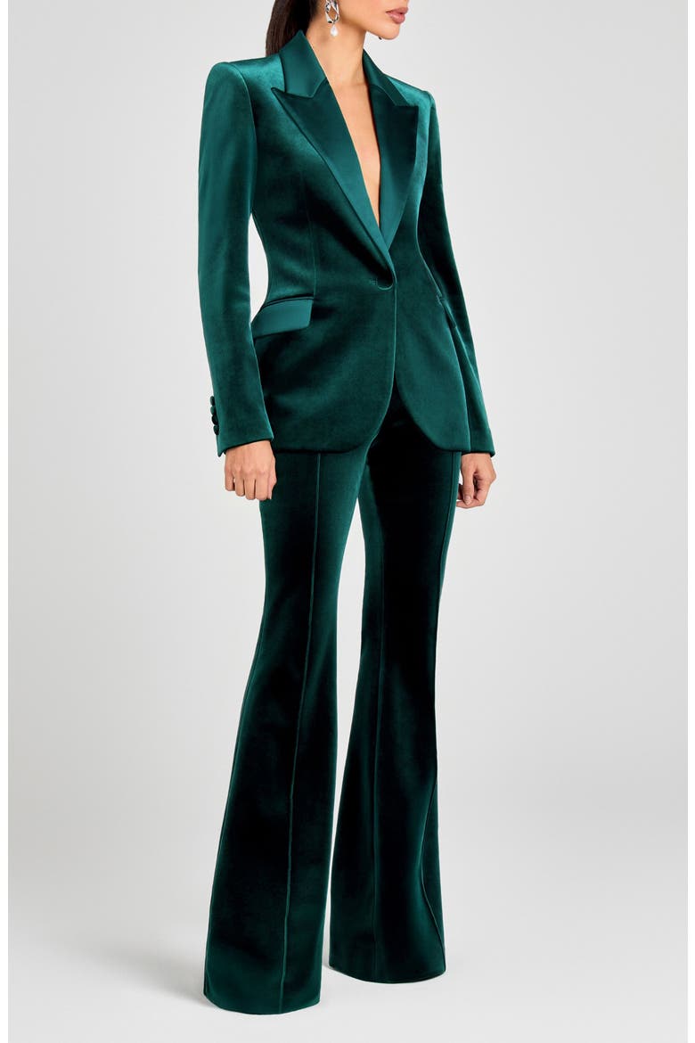 Beatrice Pintucked High Waist Flared Velvet Trousers, Alternate, color, GREEN