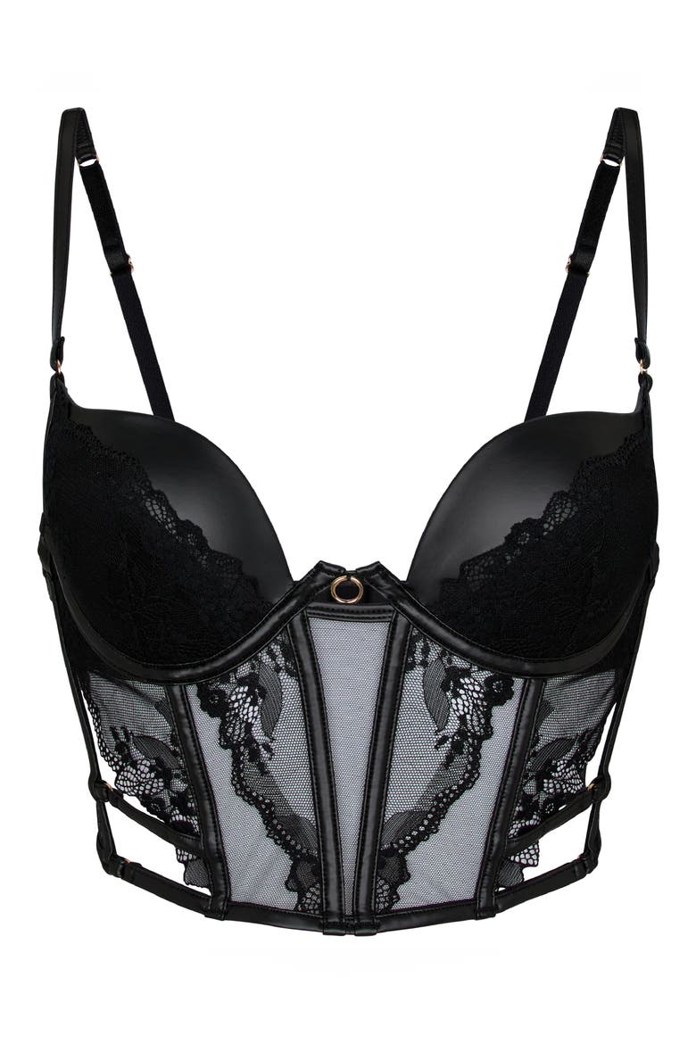 Ilenia Lace & Faux Leather Padded Bustier Bra, Alternate, color, CAVIAR