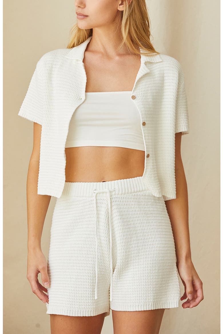 Cotton Waffle Knit Button-Up Top, Alternate, color, White