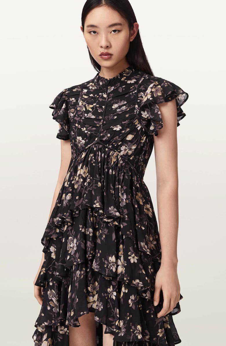 AllSaints Shaela Floral Tiered Ruffle High-Low Dress, Alternate, color, Vine Black